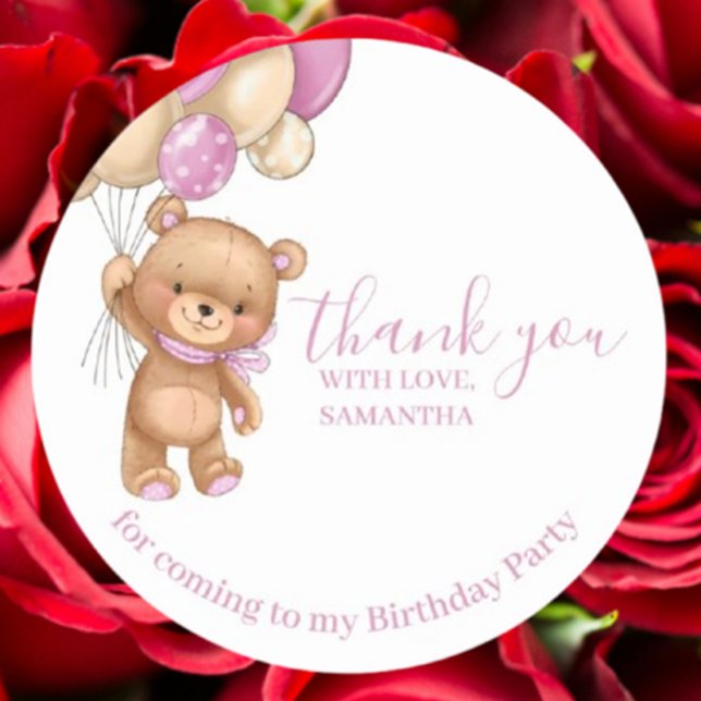 Pegatina Redonda Teddy Bear PINK Balones Feliz cumpleaños gracias (Celebrate special moments with our Teddy Bear PINK Balloons Happy Birthday Thank You stickers.)