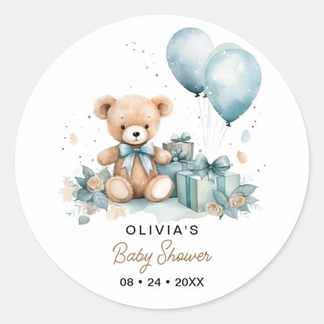 Pegatina Redonda Teddy Bear Podemos Esperar A Baby Shower (Anverso)