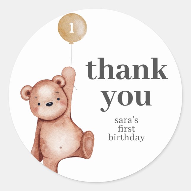 Pegatina Redonda Teddy Bear Primer Cumpleaños Fiesta Favor (Anverso)