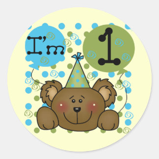 Pegatina Redonda Teddy Bear primera camisetas de cumpleaños y regal