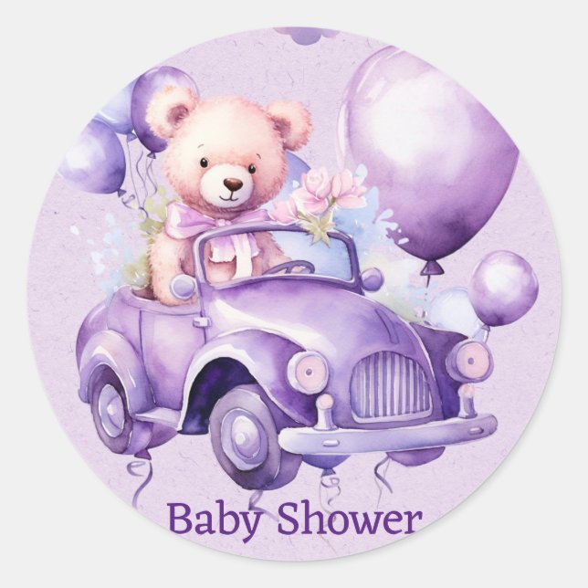 Pegatina Redonda Teddy Bear Purple Balloons Chica de coches Baby Sh (Anverso)