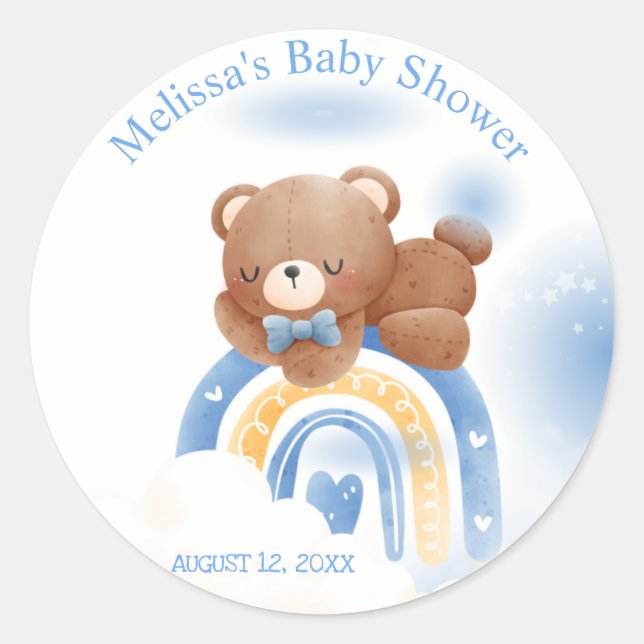 Pegatina Redonda Teddy Bear Rainbow Boys Baby Shower (Anverso)