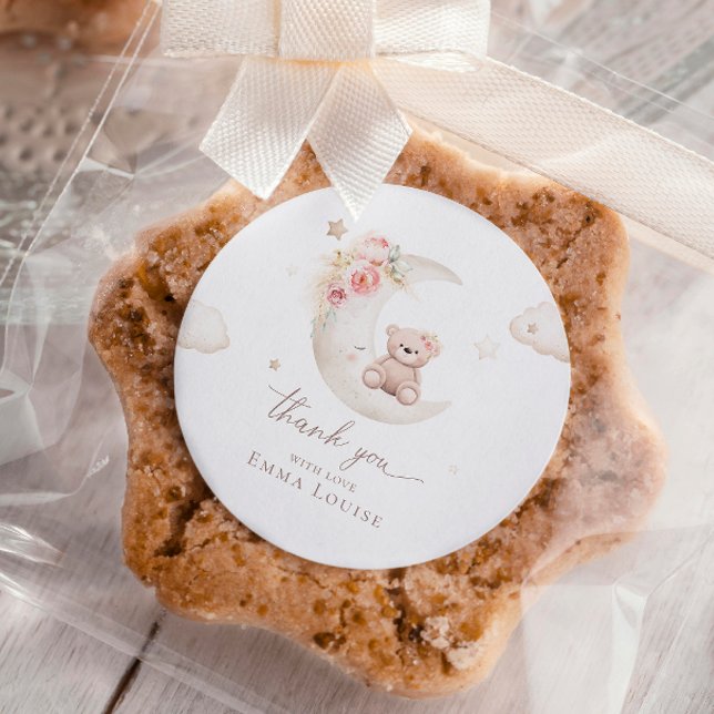Pegatina Redonda Teddy Bear Sobre El Baby Shower Neutral De La Luna (Subido por el creador)