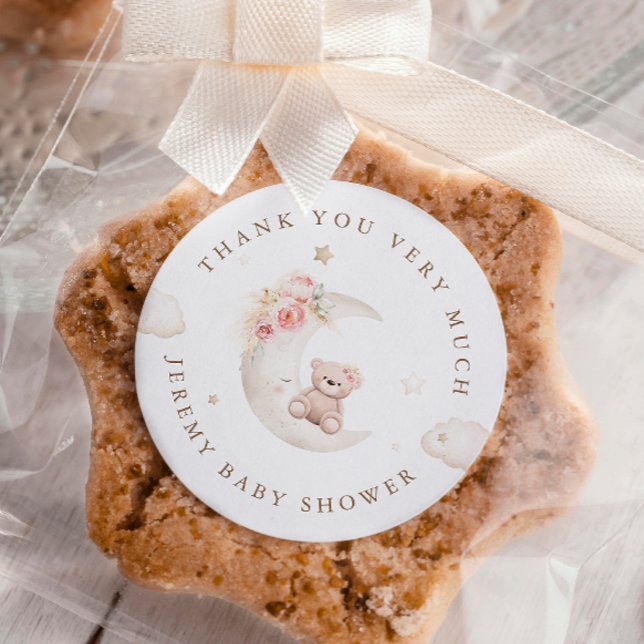 Pegatina Redonda Teddy Bear Sobre El Baby Shower Neutral De La Luna (Subido por el creador)