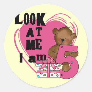 Pegatina Redonda Teddy Bear Tengo 5 camisetas de cumpleaños y regal