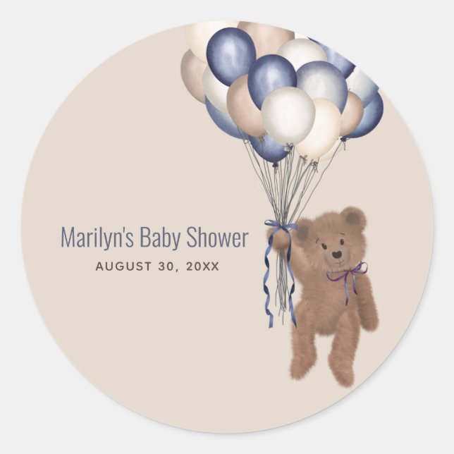 Pegatina Redonda Teddy Bear y globos Bearly Wait Blue Baby Shower (Anverso)