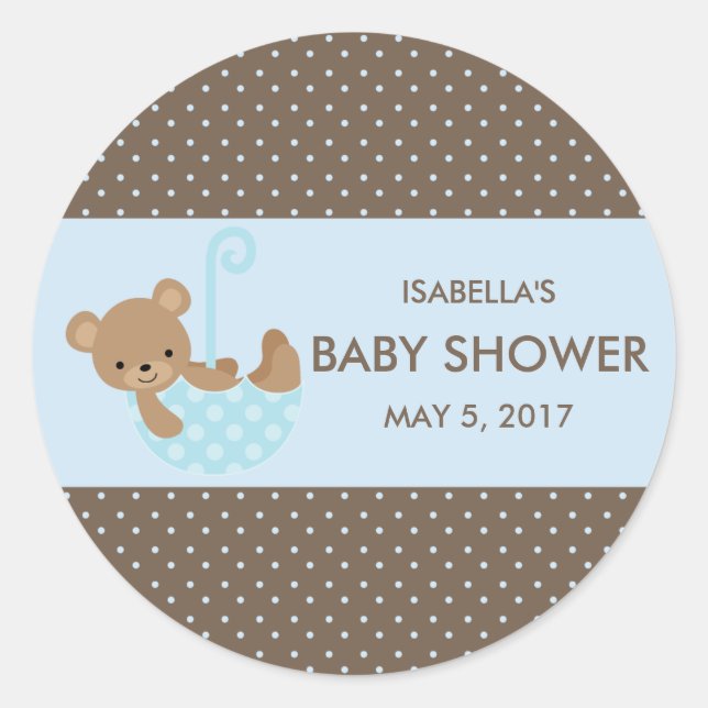 Pegatina Redonda Teddy In Umbrella (Blue) Favor Bag Stickers (Anverso)