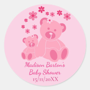 Pegatina Redonda Teddy Osos Rosa Cuidados Chica Baby Shower