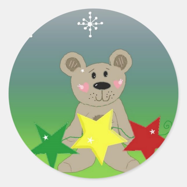 Pegatina Redonda Teddybear con estrellas navideñas (Anverso)