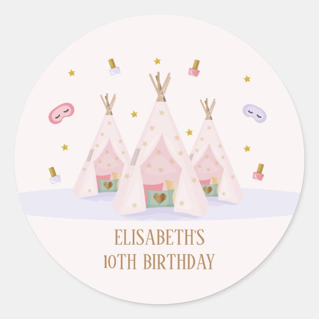 Pegatina Redonda Teepee Spa Birthday Party (Anverso)