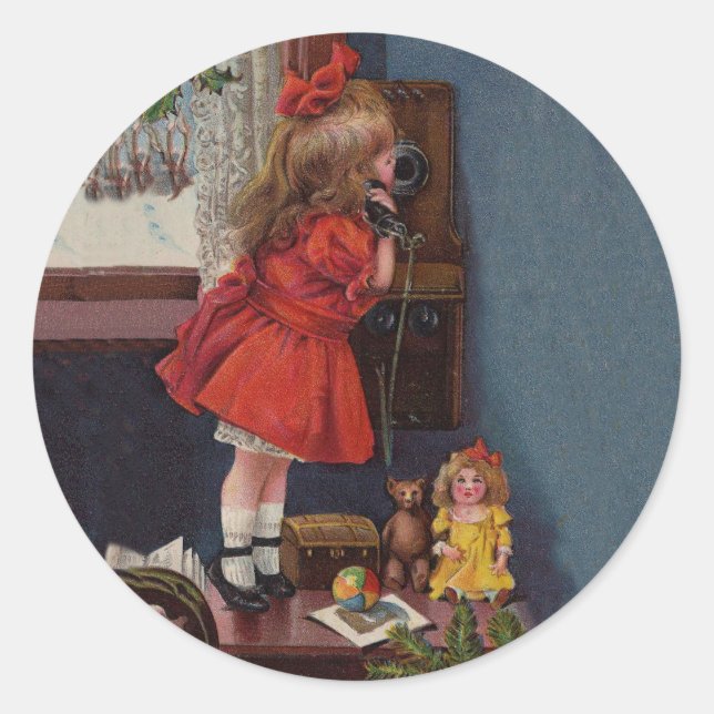 Pegatina Redonda Teléfono Antiguo Niña de Navidad (Anverso)