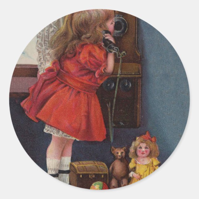 Pegatina Redonda Teléfono Antiguo Niña de Navidad (Anverso)