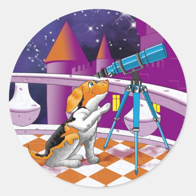 Pegatina Redonda telescopio de perros (Anverso)