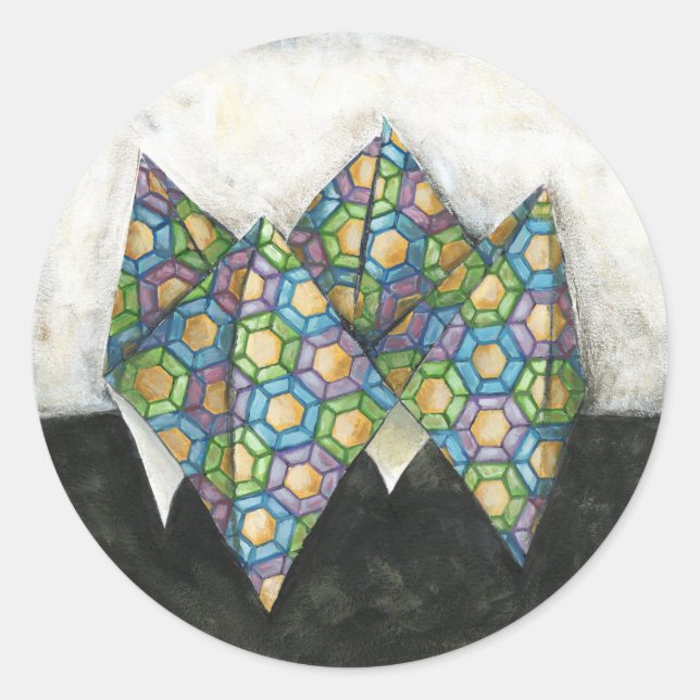 Pegatina Redonda Teléster de fortuna de origami sobre papel geométr (Anverso)