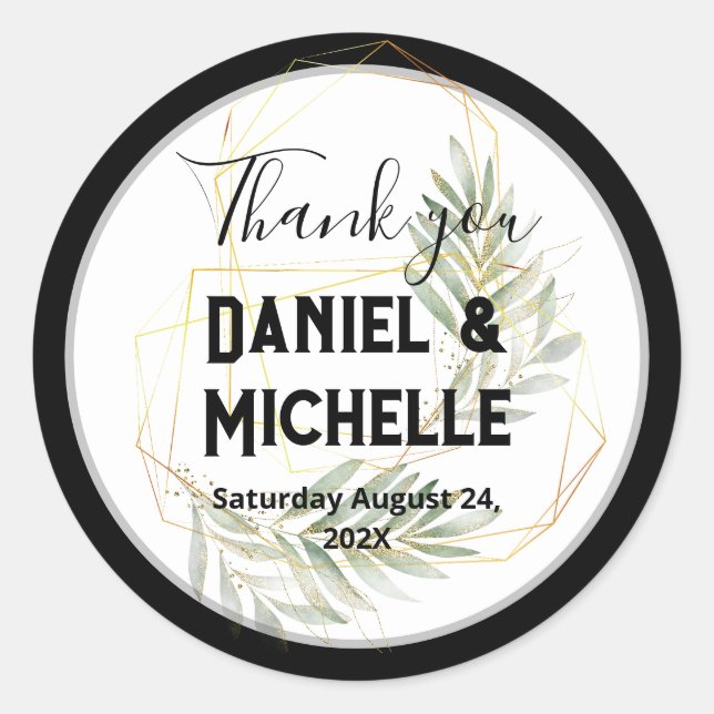 Pegatina Redonda Tema botánico Boda de oro negro con arcos modernos (Anverso)