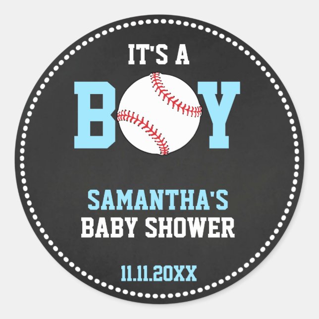 Pegatina Redonda Tema de BASEBALL Baby Shower Chalkboard Blue Boy (Anverso)