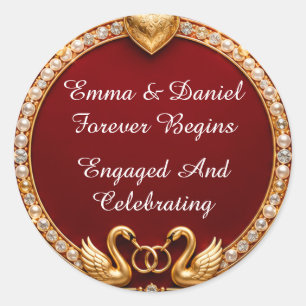 Pegatina Redonda Tema de boda de cisne rojo dorado 💍 🌹