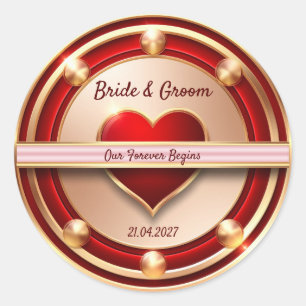 Pegatina Redonda 🌸 Tema de Boda Romántica con Rosa Dorada 💖