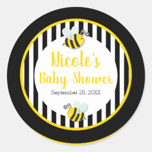 Pegatina Redonda Tema de Bumble Negro Blanco Amarillo Baby Shower
