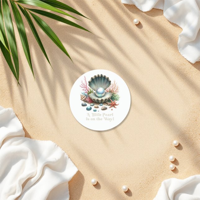 Pegatina Redonda Tema de Conchas Marinas y Océano: Baby Shower de P (Seashell & Ocean Theme Little Pearl Baby Shower Classic Round Sticker)