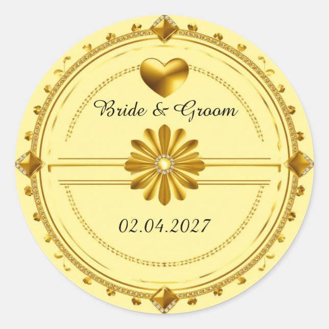 Pegatina Redonda 💗 Tema de Corazón de Boda Romántica Dorada ✨ (Anverso)