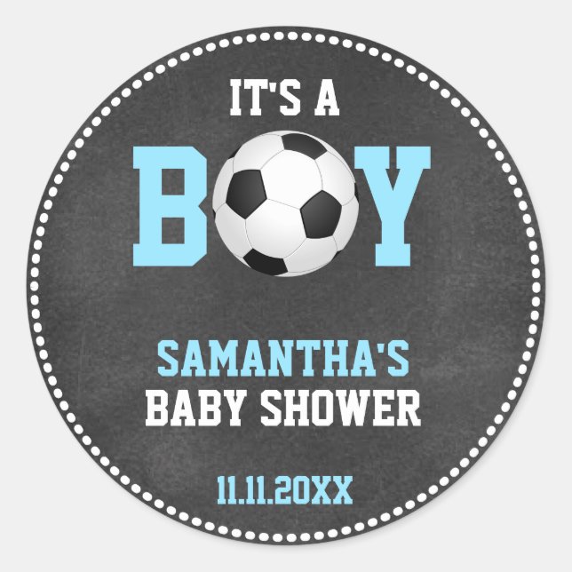 Pegatina Redonda Tema de fútbol Baby Shower Chalkboard Blue Boy (Anverso)