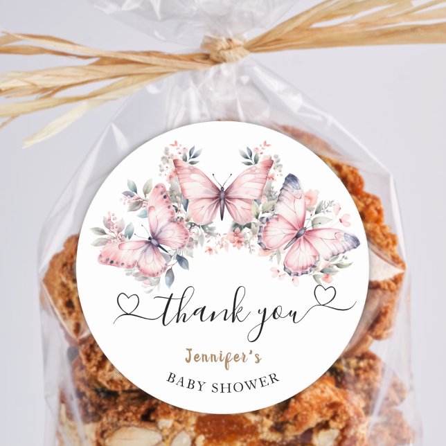 Pegatina Redonda Tema de mariposa rosa Baby Shower Favor Classic (Subido por el creador)