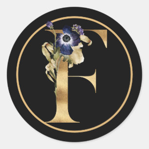 PEGATINA REDONDA TEMA DE OTOÑO ORO MONOGRAMA F CON ARREGLO FLORAL