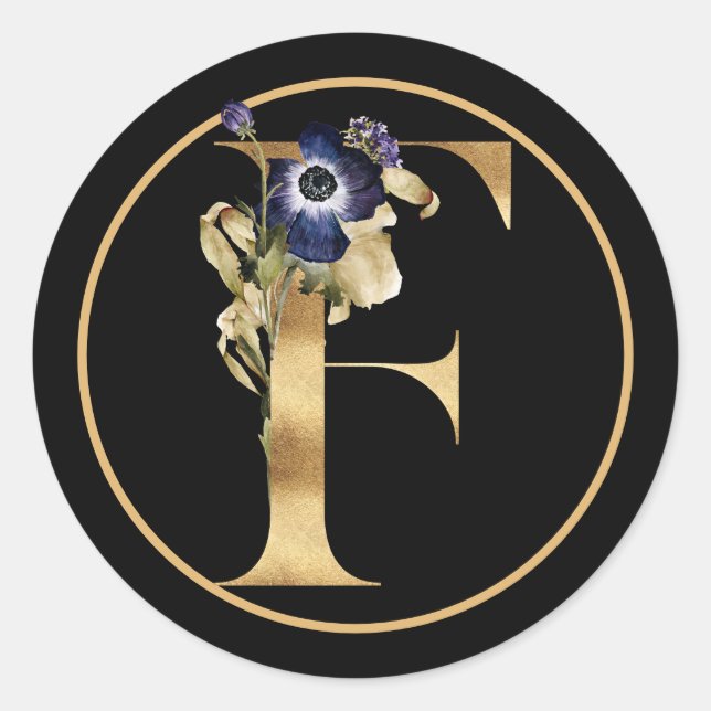 PEGATINA REDONDA TEMA DE OTOÑO ORO MONOGRAMA F CON ARREGLO FLORAL (Anverso)