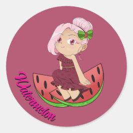 Pegatina Redonda Tema de sandía adorable Chibi con melones cortados