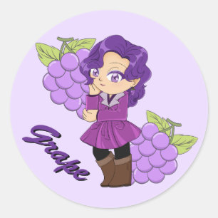 Pegatina Redonda Tema de uva linda Chibi con fondo de uva