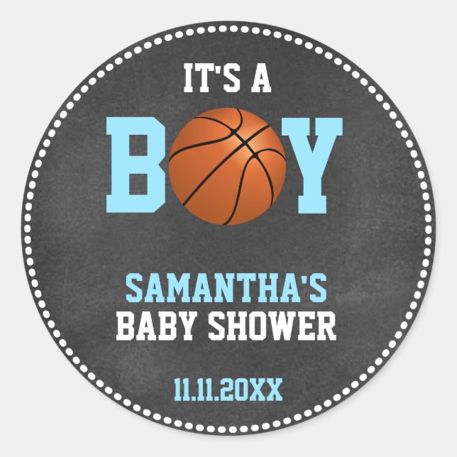 Pegatina Redonda Tema del baloncesto Baby Shower Chalkboard Boy (Anverso)