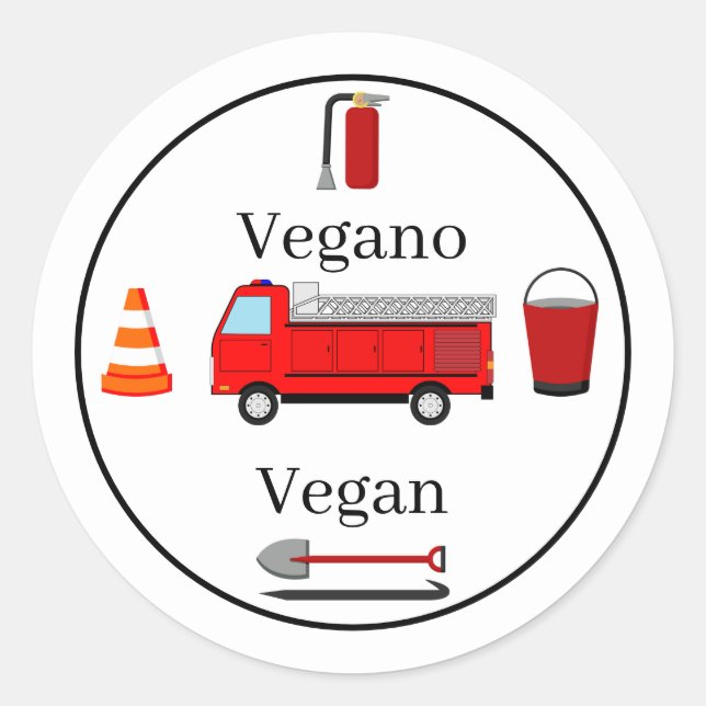 Pegatina Redonda Tema del bombero Niño bilingüe de cumpleaños vegan (Anverso)