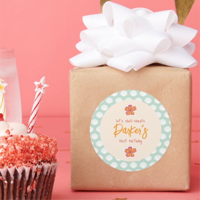 Pegatina Redonda Tema del Fiesta de la playa costera "Shell-ebració (Fiesta)