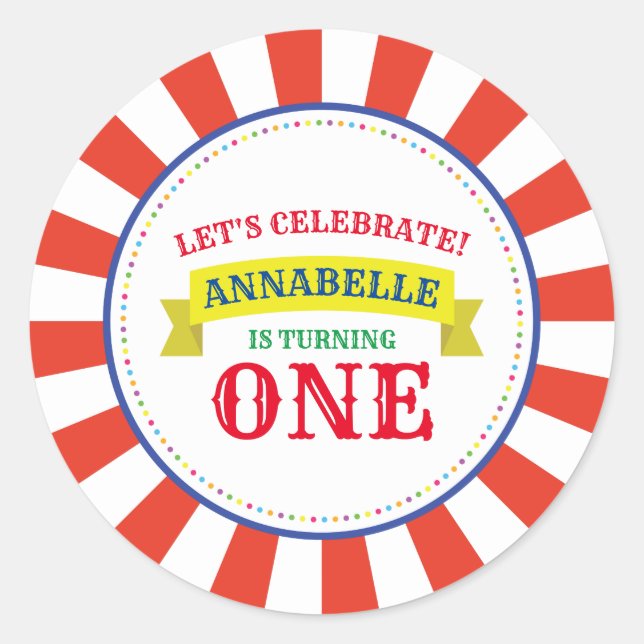 Pegatina Redonda Tema del Fiesta del primer cumpleaños de Circus Cu (Anverso)