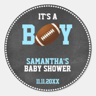 Pegatina Redonda Tema del fútbol Chalkboard Boy de Baby Shower