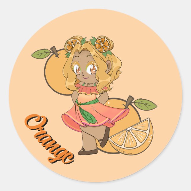 Pegatina Redonda Tema Lindo de Naranja Chibi con Naranjas (Anverso)