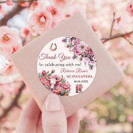 Pegatina Redonda Tema quinceanera del Boho Rústico Rosa