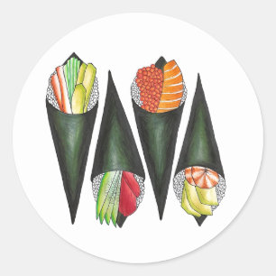 Pegatina Redonda Temaki Sushi Roll de Mano Rollo Cocina Japonesa