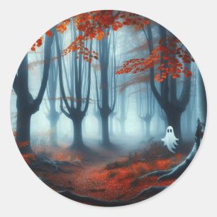 Pegatina Redonda Tembloroso bosque de otoño con un fantasma