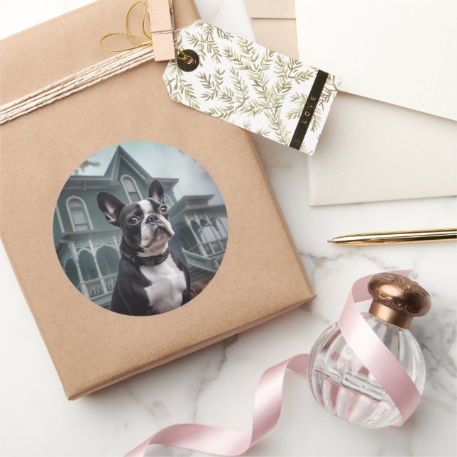 Pegatina Redonda Temeroso susto de Halloween en Boston Terrier (Regalar)