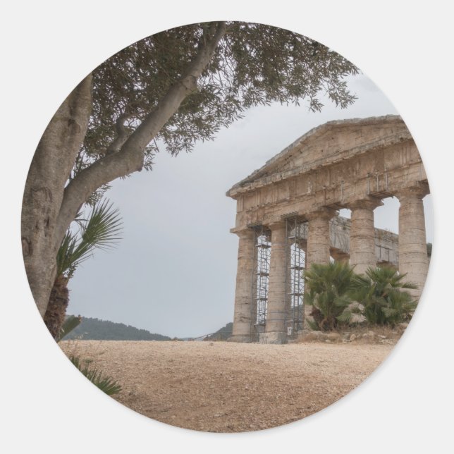 Pegatina Redonda Templo griego en Segesta, Sicilia (Anverso)