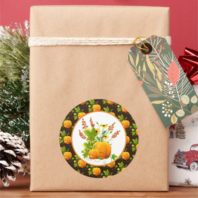 Pegatina Redonda Temporada de caída de calabazas y girasoles (Vacaciones)