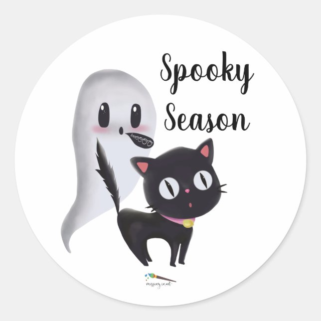 Pegatina Redonda Temporada de fantasía | Gato negro de Halloween (Anverso)