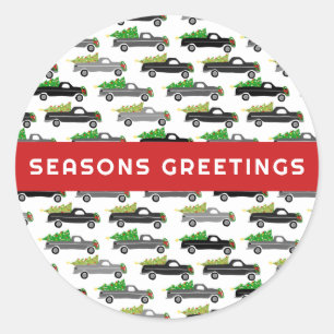 Pegatina Redonda Temporada de feriado de navidades con camionetas P