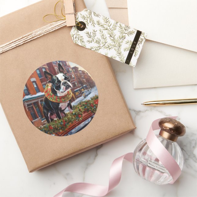 Pegatina Redonda Temporada festiva de los Navidades Boston Terrier (Regalar)