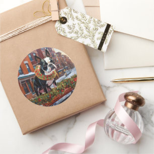 Pegatina Redonda Temporada festiva de los Navidades Boston Terrier