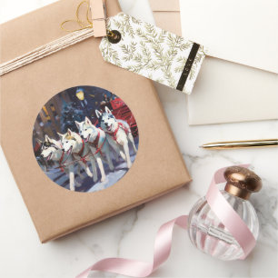 Pegatina Redonda Temporada festiva de los Navidades Husky siberiano