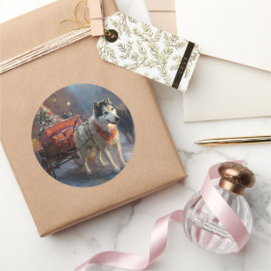 Pegatina Redonda Temporada festiva de los Navidades malamutes de Al