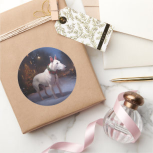 Pegatina Redonda Temporada festiva de Navidades de Bull Terrier